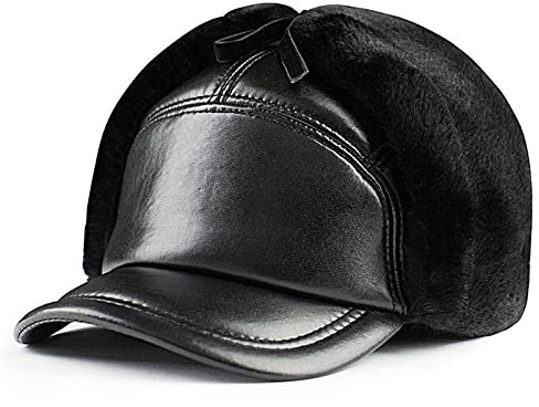 JIARY Leder Wintermützemit Ohrenklappen,Unisex Warme Schneedichte Fliegermütze,Schlittschuhlaufen und andere Outdoor-Aktivitäten,Schwarz,XXL (59~60cm)