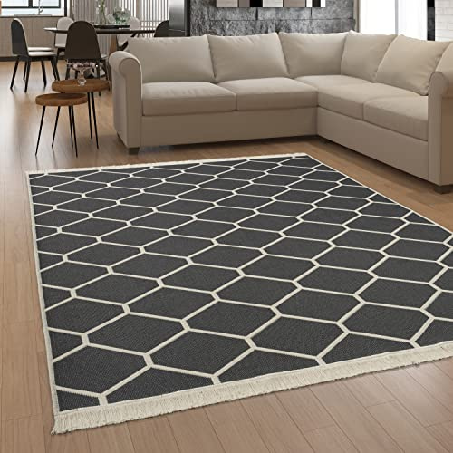 Paco Home Teppich Wohnzimmer Schlafzimmer Boho Design Waschbar Bis 30 Grad Skandinavisch Mit Fransen Wendbar Moderne Deko, Grösse:140x200 cm, Farbe:Anthrazit 5