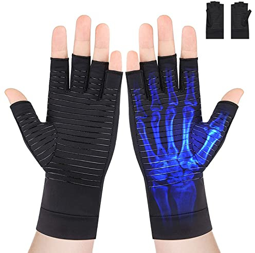 psycilla Schwarze Arthritis-Handschuhe, fingerloser Handschuh mit Kupfer für Karpaltunnelsyndrom, Unterstützung für Hände, Rheuma, Sehnenscheidenentzündung, Computertypen, Handschmerzen, für Damen und