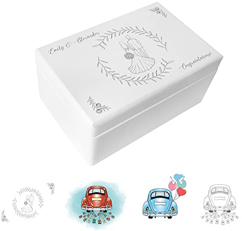 Creative Deco Weiße Geschenk zur Hochzeit | Erinnerungsbox Hochzeit | Personalisiert Geschenkkiste für Brautpaar JGA | Mehrere Hochzeit Motiv | Holzkiste mit Deckel | Farbdruck | 30 x 20 x 14 cm