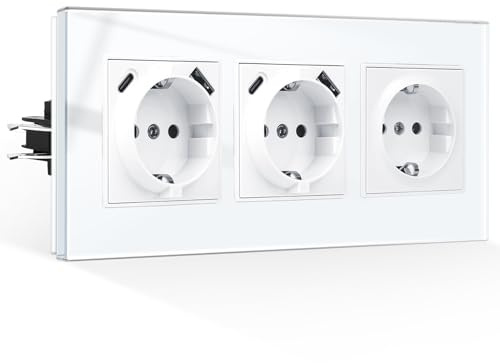 CNBINGO USB Steckdose Unterputz mit Krallen, 2x Typ AC, 3-Fach Weiß Glas | Schuko Dreifachsteckdose mit USB-A und Typ-C, Max.2,1 Amp, Schutzkontakt Wandsteckdose mit Kindersicherung, Glasrahmen