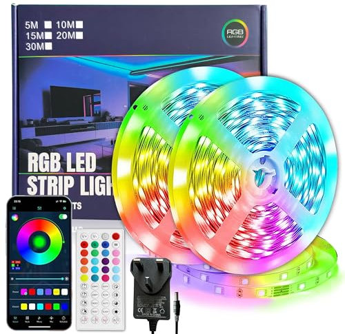 66ft/20M Led Strip Lights Music Sync Timer function RGB Color Changing Rope Lights Bluetooth APP Remote Controlled Lights for Home Decor Bedroom Accessories Party Christmas Lights (2 Rolls of 10M)