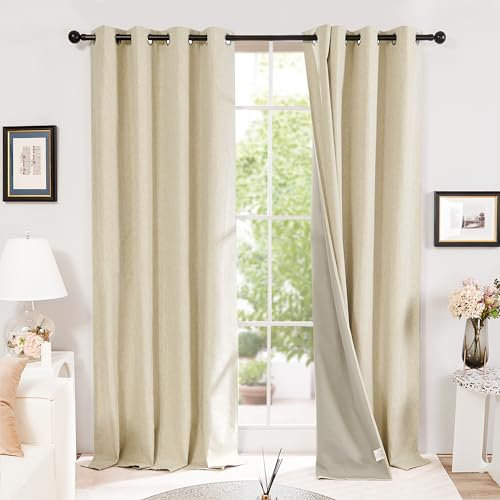 Deconovo Super Soft Full Blackout Curtains Faux Linen Eyelet Curtains Noise Reduce Thermal Window Treatments for Kids Bedroom, W52 x L84 Inch Beige Linen One Pair
