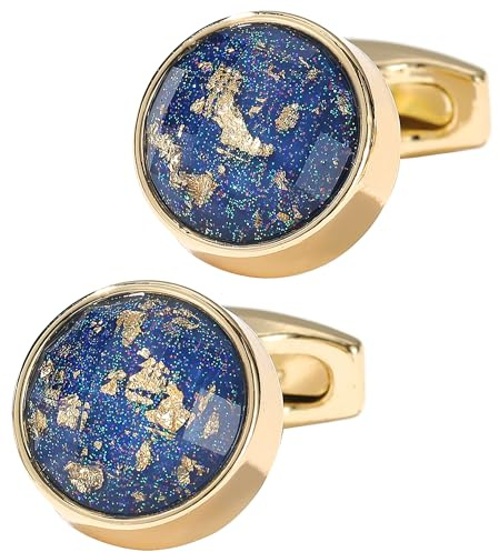 Jonwo Polyhedral Blue/Black Gemstone Round Cufflinks for Men In Gift Case Golden/Silver Tone Unisex Cufflinks Jewelry Set for Wedding Party Anniversary Business Events Dress (Golden)