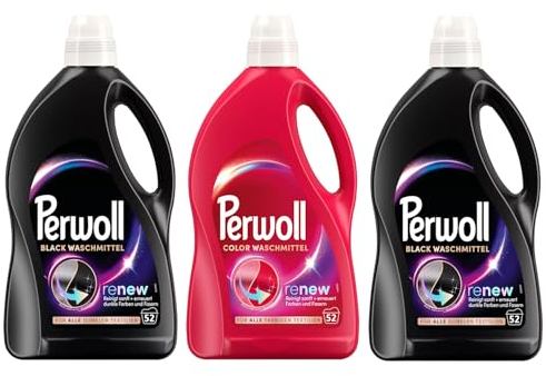 PERWOLL Flüssig-Set 3x 52 Waschladungen (156WL) 2x Black & 1x Color, Feinwaschmittel-Set reinigt sanft und erneuert Farben und Fasern, Waschmittel mit Dreifach-Renew-Technologie