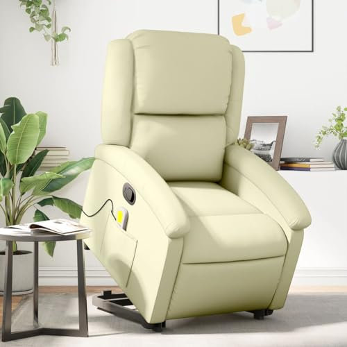 Homgoday Massagesessel mit Aufstehhilfe, Aufstehsessel, Fernsehsessel, Relaxsessel mit Liegefunktion, Ruhesessel Liegesessel, TV Sessel für Wohnzimmer Creme Echtleder