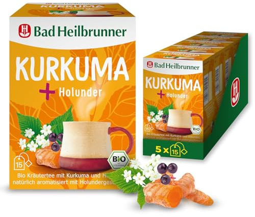 Bad Heilbrunner Kurkuma+ Holunder Tee – Bio-Kräutertee mit Kurkuma, Holunderbeeren und Holunderblüten, natürlich aromatisiert, (5 x 15 Filterbeutel)