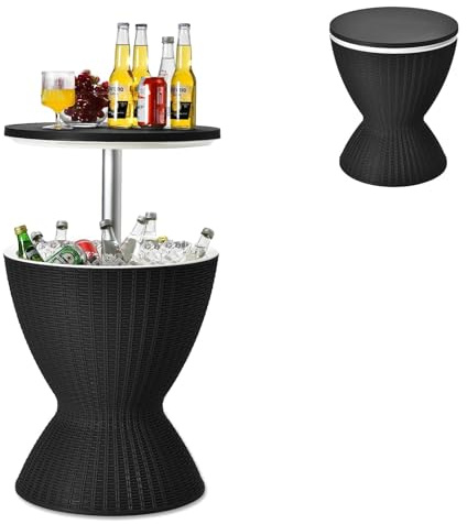 GYMAX Cool Bar 30L Mesa Auxiliar 3 en 1 con Tablero Extensible para Bebidas y Aperitivos, Enfriador de Bebidas en Aspecto de Ratán, Enfriador de Cerveza y Vino para Jardín, Terraza (Negro)