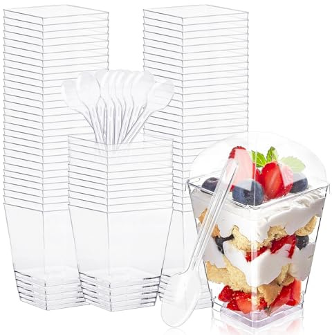 Forhandy 60 stycken dessertkoppar, 160 ml dessertglas med lock och skedar klara fyrkantiga dessertkoppar återanvändbara dessertskålar för gör-det-själv dessertmousse till bröllop, födelsedagsfest