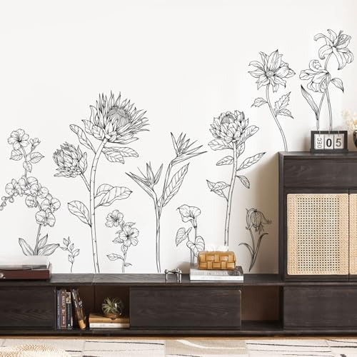 Supzone Adesivi Murali Fiori - Decorazione Parete con Lillà delle Valle e Fiori Selvatici a Linee Bianco e Nero, Adesivi da Parete Autoadesivi per Soggiorno e Camera da Letto, Vetrofanie