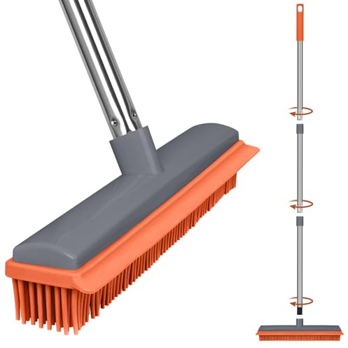 Escoba de goma, cepillo de goma 2 en 1 con escobilla de goma, mango largo ajustable, cepillo para barrer alfombras, escoba de silicona suave para el pelo de mascotas, azulejos de madera dura, limpieza