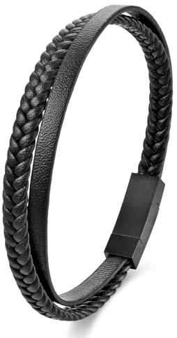 JSNOM Armband Herren Lederarmband Geschenke: Geflochten Leder Weihnachten Vatertag Valentinstag Geburtstagsgeschenk Liebesgeschenke Schmuck Geschenk für Freund Ehemann Männer (Schwarz, M-21cm)