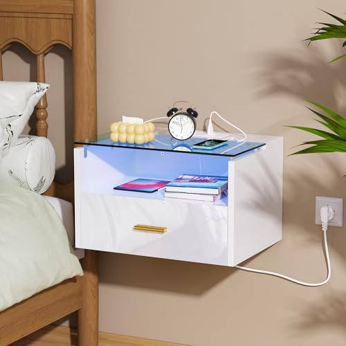 Lvhcmfohm Nachttisch Hängend mit Steckdose, Nachtschrank, Nachtkästchen Schwebend mit Led, Wandregal mit Schublade für Wohnzimmer, Schlafzimmer (Weiß, 42x30x24.5cm)