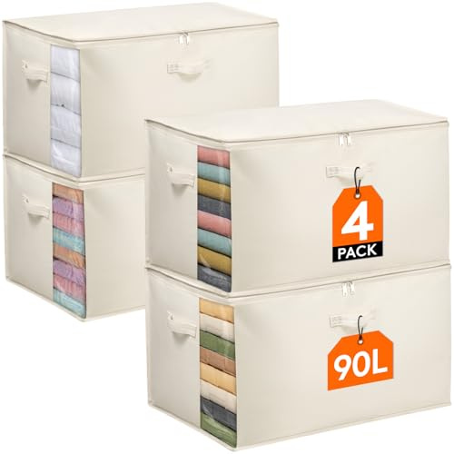 Lifewit 90L Bettdecken Aufbewahrungstasche mit Griffen, Beige, 4 Stück | Aufbewahrungsbox mit Deckel, Kleideraufbewahrungsbehälter mit Verstärktem Griff für Bettdecken, Kleiderschrank Organizer