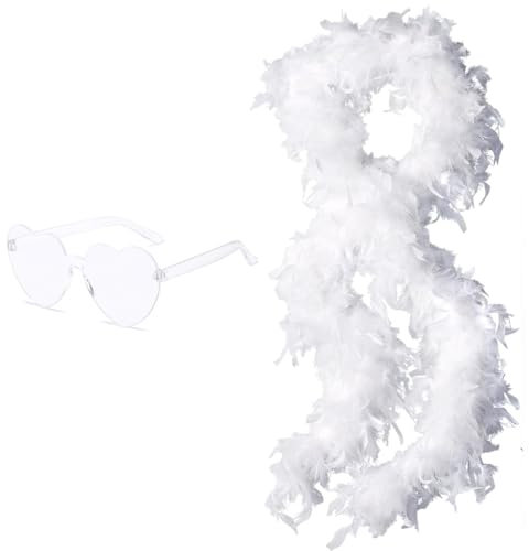 NHP Boa Piume,2 M,con Lenti a Forma di Cuore Senza Montatura,Vestiti Anni 20,Piume Bianche,Piume Decorative,Boa Piume Bianco,Decorazione Sciarpe per Festa in Abito da Sposa,Carnevale,Bianco