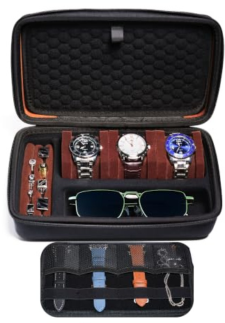 AUKURA Estuche de reloj para viajes y almacenamiento (3 ranuras acolchadas con compartimento para gafas y accesorios), sostiene gafas, anillos, gemelos y correa de reloj