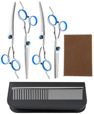 TPZORJX Set di forbici professionali per cani, forbici per cani 5 in 1 in acciaio inox con punte di sicurezza arrotondate, forbici per pellicce incluse forbici per sfoltire, forbici curve e dritte