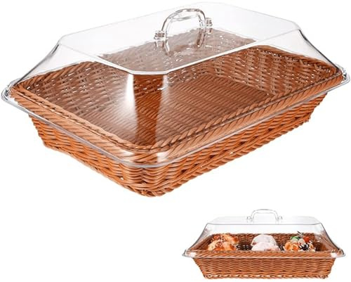 Odoukey 13.78x9.84x4.9 pulgadas de canasta de mimbre con tapa, cesta de ratán rectangular, tejida para servir pan, frutas, verduras