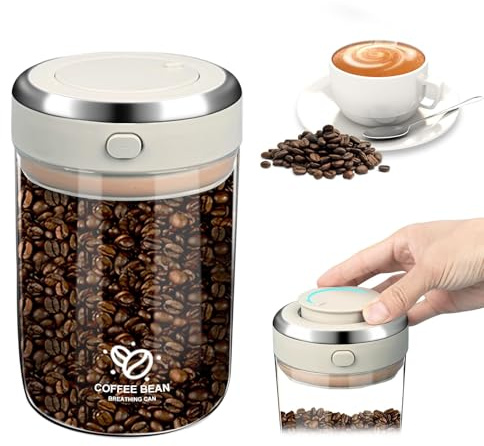 Bote Café Hermético, 1100ml Transparente Dispensador Cafe Molido con Rastreador de Fecha y Cuchara, Bote Cristal con Tapa para Café, Tarro para Almacenar Granos para Especias, Azúcar (1100ml)