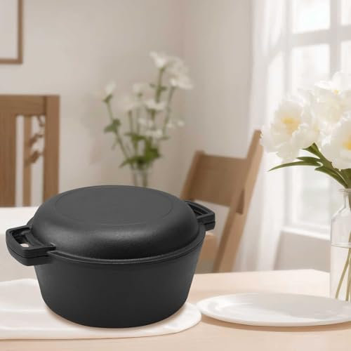 Pre Seasoned Cast Iron Dutch Oven with Skillet Cover, 4.5L 26cm Braising Pan, Dual Handles & Handle Covers for All Hob Types