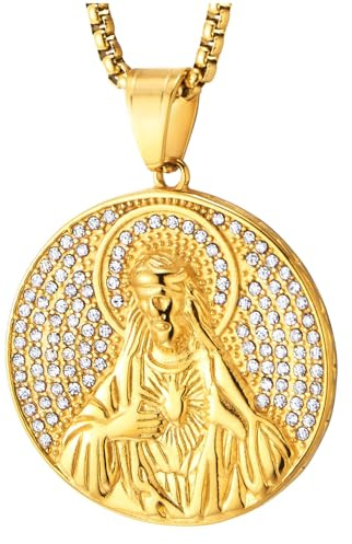 COOLSTEELANDBEYOND Jesus gyllene herrhalsband, runt heligt hjärta medaljong i stål med glittrande stenar, hiphop trossmycken
