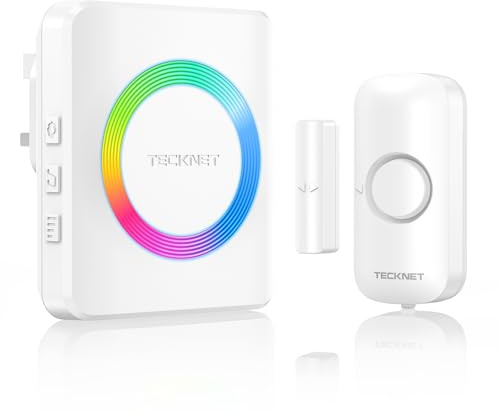 TECKNET Wireless Door Sensor Alarm 1148FT Operating Range, 61 Door Chimes, 5 Adjustable Volume with Mute Mode RGB Flash Magnetic Window and Door Alarm Sensor for Home Store Office | 1148FT Operating Range, 61 Chimes, 5 Adjustable Volume, RGB Indicators, Window and Door Alarm Sensor for Home Store Office