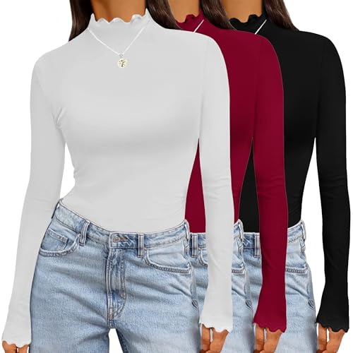 Ekouaer Womens 3 Pack Long Sleeve Shirts Turtleneck Tops for Women Stretch Fitted Thermal Undershirt Layer S-XXL,Black+White,M