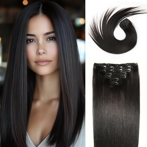 WOWANGEL Clip in Extensions Echthaar 14 Zoll(35cm) Nahtlos, 7 Stück 120g Remy Haare Ohne Schaden für Alltag, Hochzeiten & Events,21 Unsichtbare Clips, Wiederverwendbar,Natur Schwarz (1B)