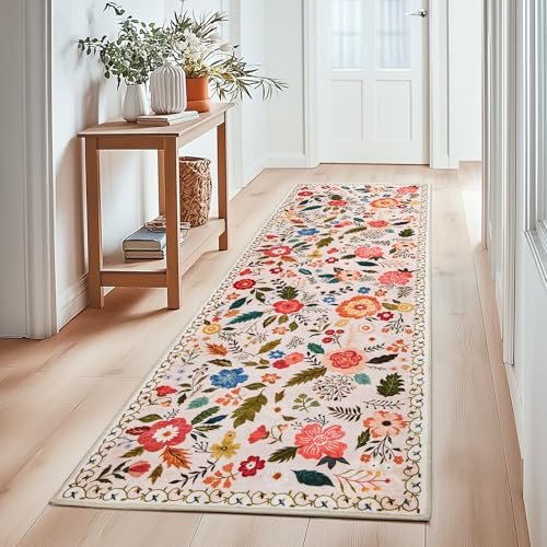 Tapis Couloir Lavable en Machine, Tapis de Passage à Poils Courts, Motif Floral Vintage, à Poils Courts, Idéal pour Cuisine, Salon, Chambre, Bureau ou Chambre d'enfant, Beige et Rose, 80x150cm