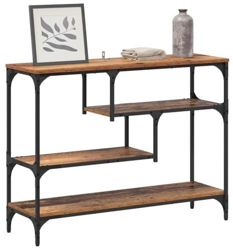 vidaXL Tavolino Console Stretto in Legno Riciclato e Acciaio 100 x 30 x 75 cm, Finitura Opaca Color Marrone, Stile Industriale, Gambe Quadrate, Uso Interno, Ripiani Ampi, Accento Moderno per Ingresso