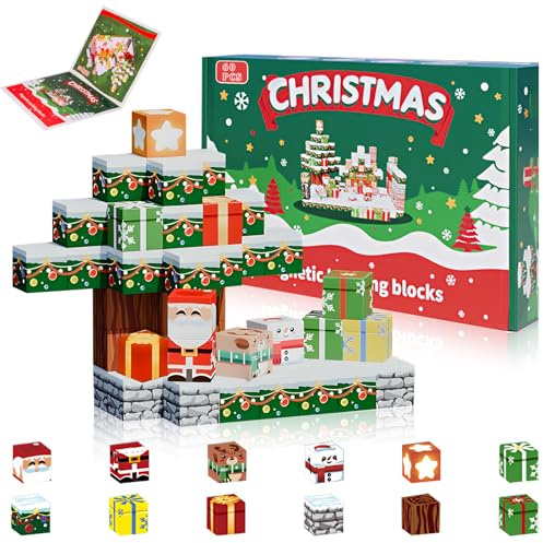 Connextion Magnetische Bausteine Weihnachten 60 Teile Magnetbausteine Kinder, Magnet Bausteine Blöcke Spielzeug ab 3 4 5 6 7 8 9 Jahre, Magnetspielzeug Bauen Weihnachtsschmuck für Jungen und Mädchen