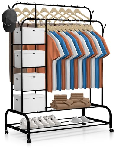 JUPPLIES Burro Ropa Resistente – Perchero Burro Doble con Soporte (Negro, Con Ruedas y Estantes)