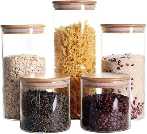 Mayaaran Glass Storage Jars with Bamboo Lids – Airtight Borosilicate Glass Containers for Pantry, Kitchen Organisation, Pasta and Spaghetti, Spices & Dry Food – Multi-Sized Jars with Lids 5 Pack Set