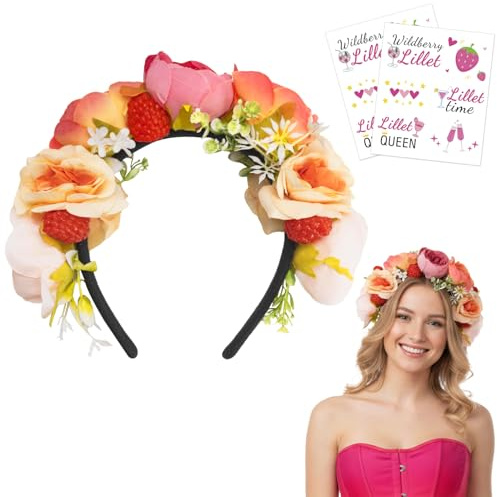 Lillet Geschenkset für Damen, Haarreif mit Blumen und Waldbeere Haarband, Lillet Temporäre Tattoos, Wildberry Lillet Aperol Geschenk, Blumenstirnband Damen Mädchen Haarkranz Kopfschmuck für Karneval