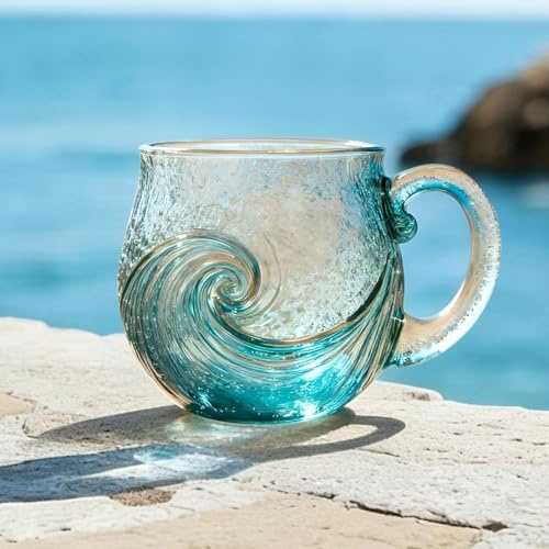 LEEWENYAN Sea Glass Wave Mug, Sea Glass Mugs, 12 Oz Handmade Glasses Mug with Handle, Unique Textured Seas Glasses Mugs for Drink and Coffee, Gift for Beach & Ocean Lovers
