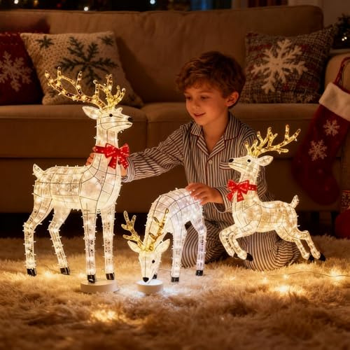 Decorazione Natalizia Con Cervo Illuminato Da 3 Pezzi, Set Per Famiglia Renne Illuminate, Statua Renna Luminosa A LED Per Giardino Esterno, Prato, Percorso, Cortile, Portico, Esposizione Natalizia