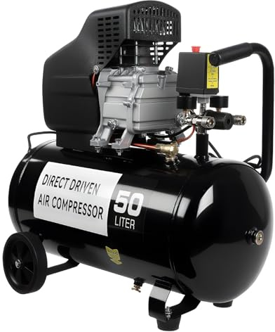 50 Litre Portable Air Compressor, 9.6CFM/115psi/8 bar, Low Noise, Electric 2.5hp 230v 50Hz 2850 RPM Direct Drive, Lightweight, 5 Piece Accessories Kit