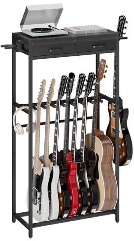 ELYKEN Multi Guitar Stand, 7-9 Guitar Rack with 2 Hangers Black | Storage Drawers for Guitar Accessories, Guitar Stand for Multiple Guitars, Acoustic Electric Guitar, Bass, 25 x 11.8 x 48