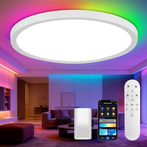 ISOISL Deckenlampe LED Deckenleuchte, IP40 Wasserfest Badlampe Rund Flach 24W 2700K-6500K 2040-2160LM Kompatibel mit Alexa & Google, Modern Schlicht Lampe Dünn für Wohnzimmer Schlafzimmer