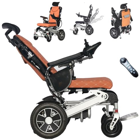 Faltbarer, verstellbarer Elektrorollstuhl für Erwachsene, elektrischer Rollstuhl mit Liegefunktion und Kopfstütze, motorisierte Rollstühle mit 24 km Reichweite, Tragfähigkeit 130 kg (Orange)
