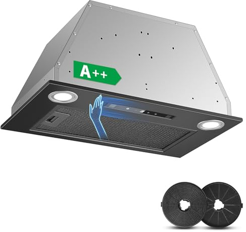 KICHPOWER Campana Extractora Empotrable de 52 cm, 400 m³/h, Negro Campana de Cocina, Controles Gestuales, Táctiles, 3 velocidades y Función Booster, Iluminación LED, Evacuación y Recirculación