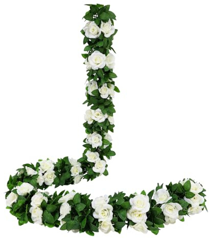 JUSTOYOU 2PCS 7.3FT Artificial White Rose Garland Vines Hanging Silk Flowers Artificial Flower Fake Garlands for Outdoor Indoor Wedding Wall Garden Badroom Decoration（White）