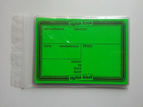 20 laminierte Preisschilder 111 x 154 mm leuchtgrün für Obst und Gemüse mit Aufdruck Werbesymbole