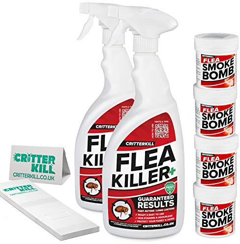 CritterKill Flea Killer Kit - For Medium Level Home Infestation - Professional Flea Spray + Smoke Bombs + Insect Traps (2L / 4x16g / 6)
