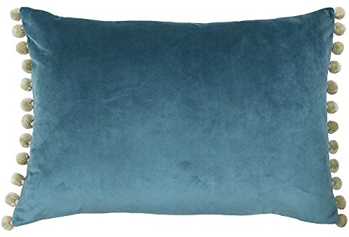 Paoletti Fiesta Rectangular Cushion Cover – Faux Velvet with Pompom Edges (Duck Egg/Natural – 35 x 50cm)