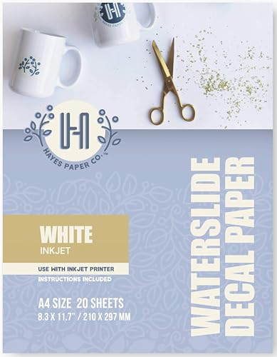 Hayes Paper Co. Carta per Decalcomania ad Acqua Inkjet BIANCA 20 Fogli Premium con Trasferimento ad Acqua, Bianca stampabile trasferibile ad acqua, decalcomania, misura A4