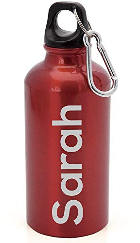 eBuyGB Personalised Any Name Lightweight Reusable Custom Engraved 400ml Aluminium Sports Water Bottle with Screw Cap & Carabiner (Red - Modern)