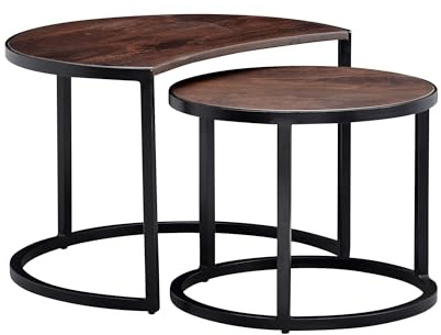 FineBuy Couchtisch 2er Set Mango Massivholz Rund Schwarz, Satztisch | Beistelltische im Industrial Style mit Metallgestell, Wohnzimmertische aus Echtholz, handgefertigte Unikate
