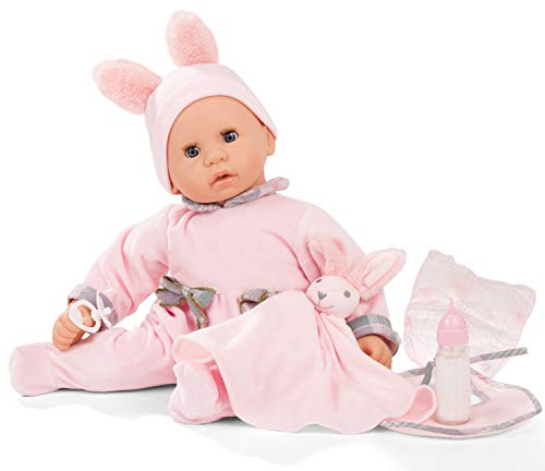 Götz 2161152 Cookie Care Pastellino Puppe mit Funktion - 48 cm große Babypuppe mit blauen Schlafaugen, ohne Haare und einem Weichkörper - 8-teiliges Set