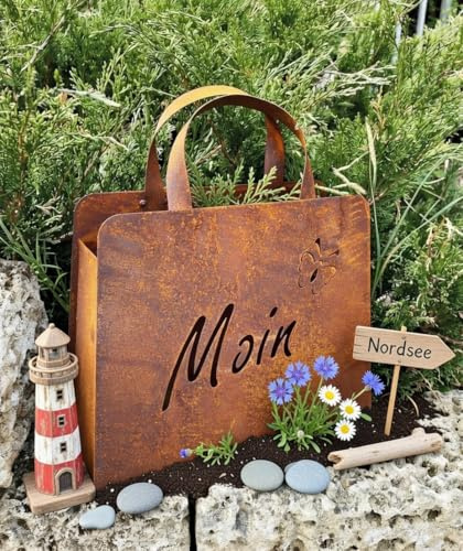 STEINFIGURENWELT GIEBEN Edelrost Große Handtasche 32x37cm Tasche zum Bepflanzen Moin mit Schmetterling Rost Pflanztasche Blumentopf Windlicht Edelrost Gartendeko